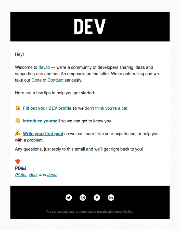 A warm welcome email by Dev