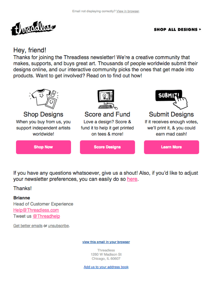 An email with three content blocks by Threadless