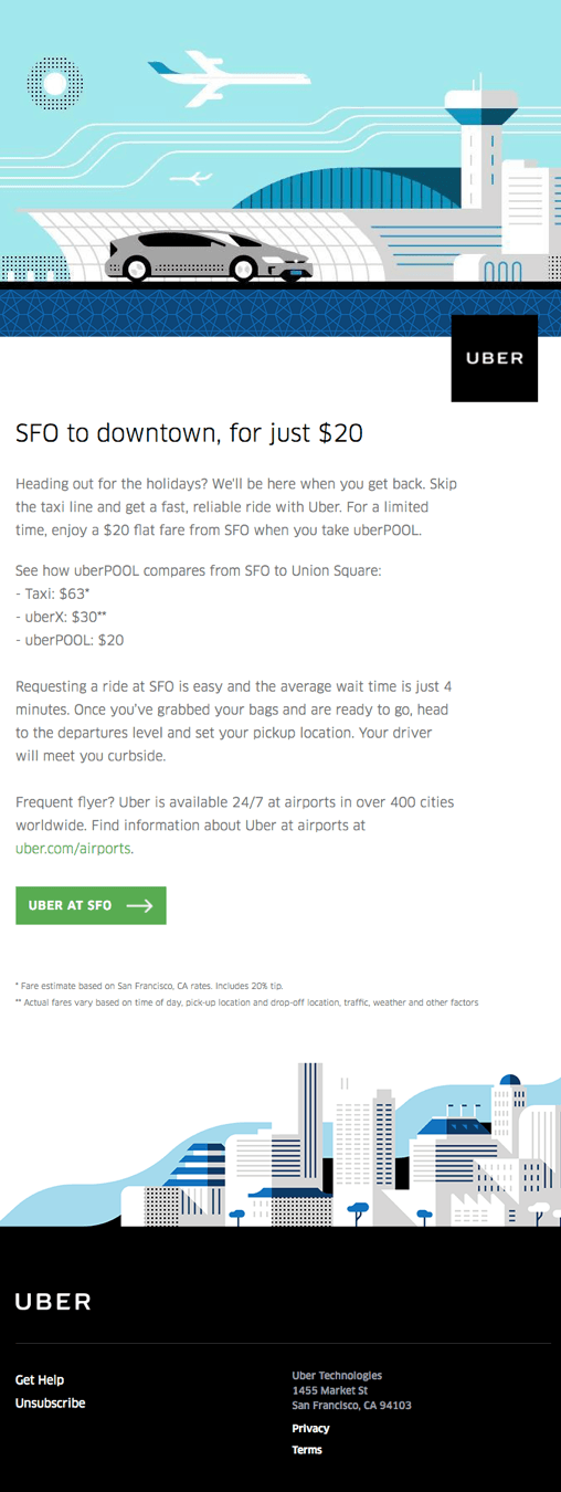 A geo-segmented email by Uber