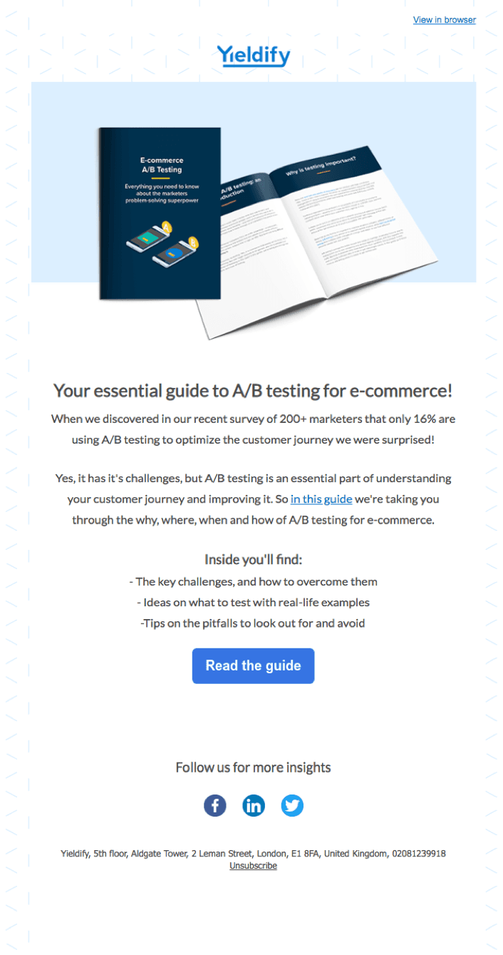 A free resource email offering by Yieldify